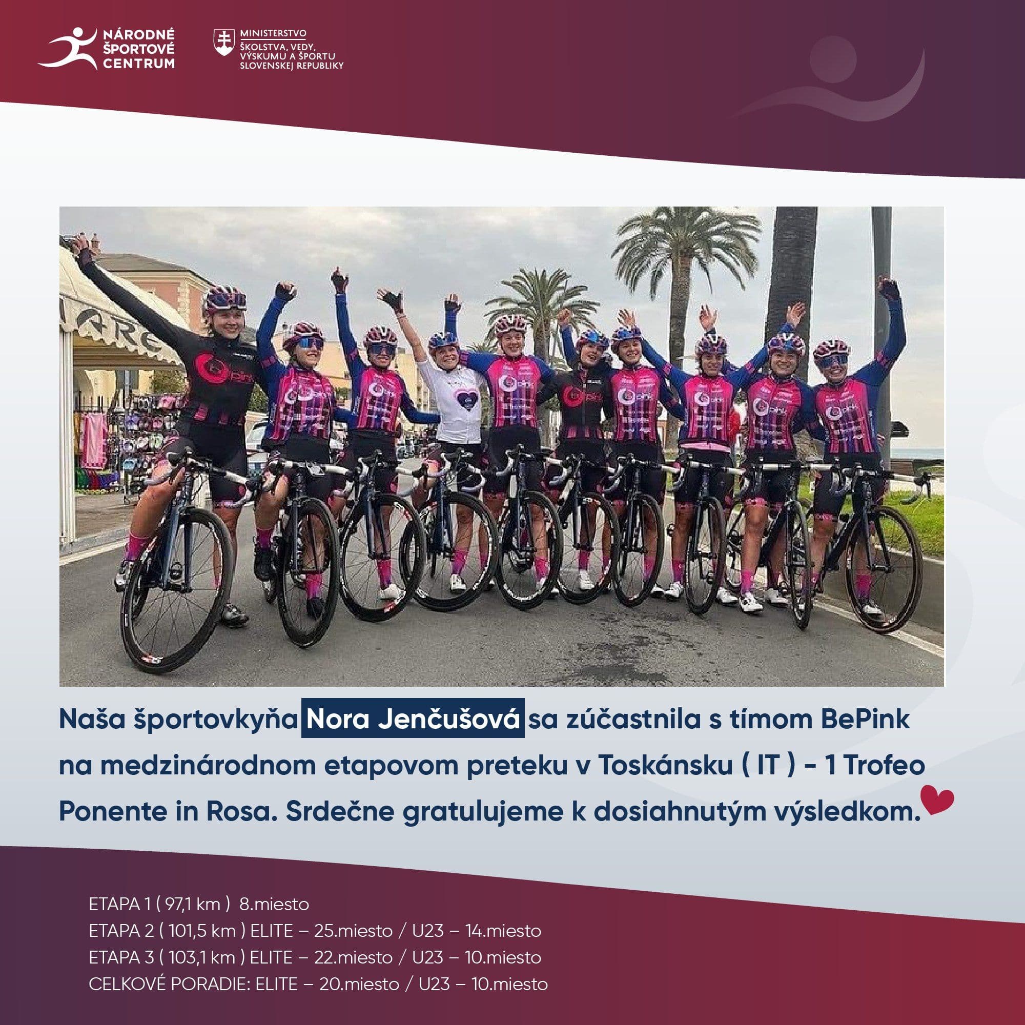 Nora Jenčušová sa zúčastnila s tímom BePink na preteku Trofeo Ponente in Rosa